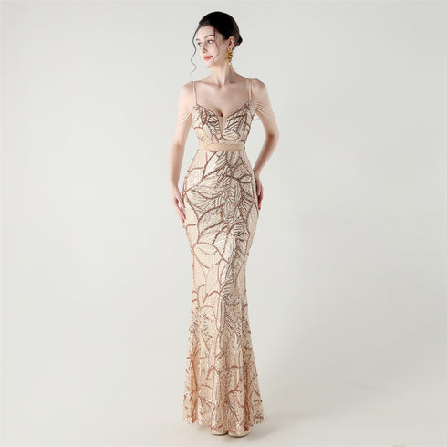 Graceful Sequin Embellished Mesh Mermaid Maxi Dress